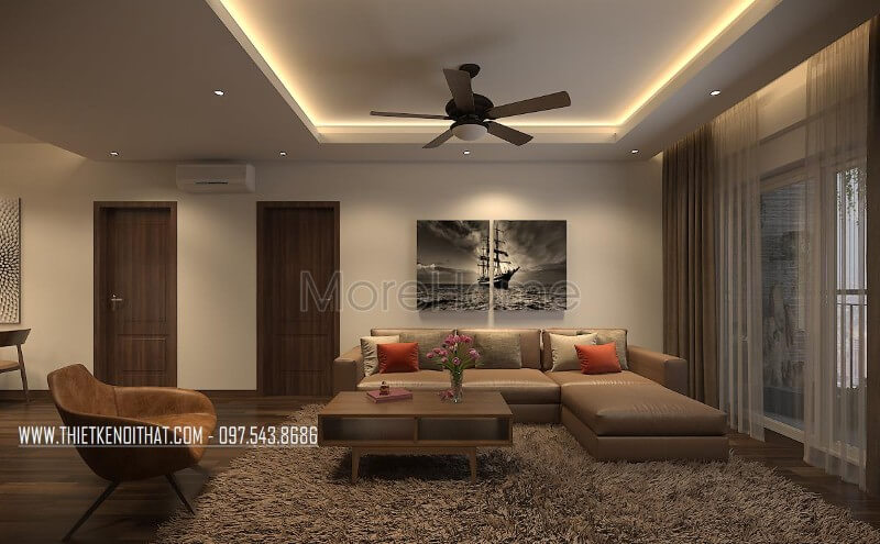 Bộ sofa bọc da bò Thái Lan chính là sản phẩm nội thất chính của không gian phòng khách, thu hút và ấn tượng Thiết kế chung cư