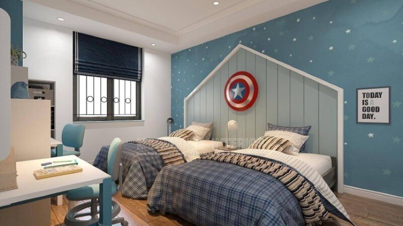 Bạn đang muốn tìm ý tưởng trang trí phòng cho 2 cậu con trai của mình, chúng còn nhỏ và rất thích các siêu anh hùng, mẫu thiết kế nội thất phòng bé trai với giường đôi trong đây sẽ là một gợi ý lý tưởng để biến sở thích được hiện hữu ngay trong phòng của con. Ý tưởng sẽ rất phù hợp với không gian phòng rộng như chung cư 80m2 trở lên, biệt thự, nhà phố. Thiết kế nội thất biệt thự