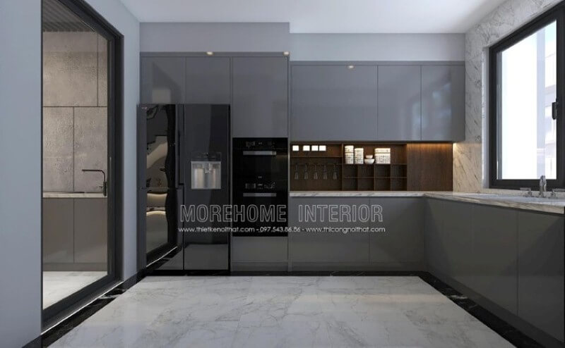Thiết kế nội thất phòng bếp hiện đại đẹp sang trọng với tone màu xám nổi bật phù hợp gia chủ mệnh Thủy. Thiết kế nội thất biệt thự