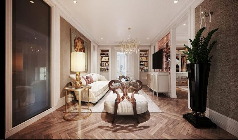 Bố trí nội thất phòng ngủ master tân cổ điển cao cấp có phòng giải trí ấn tượng tại biệt thự Hải Phòng. Thiết kế nội thất biệt thự