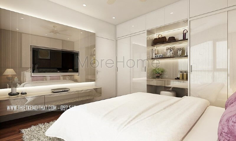 Bố trí nội thất phòng ngủ đẹp, sang trọng với kệ tivi hiện đại nổi bật cùng gạch ốp tường cao cấp. Thiết kế nội thất biệt thự
