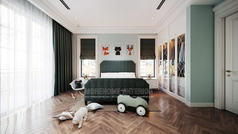Giường ngủ cho bé trai đẹp với thiết kế bọc nệm độc đáo cùng sắc xanh ấn tượng tạo điểm nhấn nổi bật cho toàn bộ không gian. Thiết kế phòng ngủ biệt thự