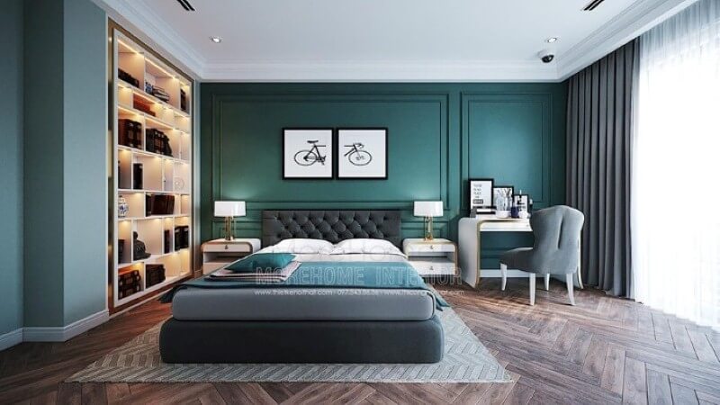 Bộ 2 tranh canvas hình xe đẹp đẹp tạo điểm nhấn sinh động cho phòng ngủ sắc xanh nổi bật. Thiết kế phòng ngủ biệt thự