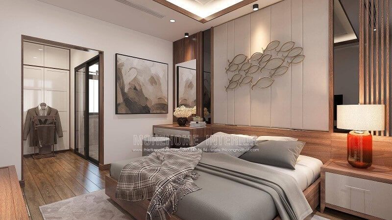 Nếu bạn đang tham khảo về phòng ngủ nam khép kín thì mẫu thiết kế phòng ngủ liền phòng tắm, phòng vệ sinh theo phong cách hiện đại tại biệt thự Vinhomes Imperia Hải Phòng là một gợi ý khá độc đáo.