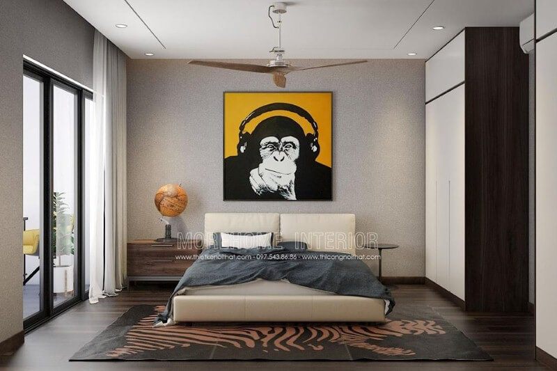 Tranh canvas ngộ nghĩnh tạo điểm nhấn ấn tượng cho phòng ngủ hiện đại.