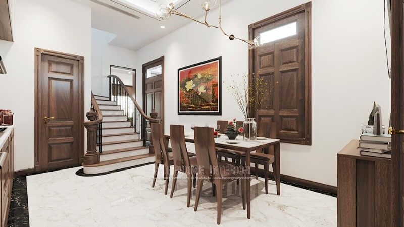 Biệt thự Đông Anh Hà Nội được thiết kế nội thất phòng ăn theo phong cách hiện đại với chất liệu gỗ óc chó.