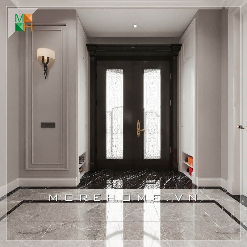 Mẫu cửa gỗ tự nhiên màu đen hai cánh đẹp và sang trọng được thiết kế để phù hợp với các căn hộ, nhà phố và biệt thự.